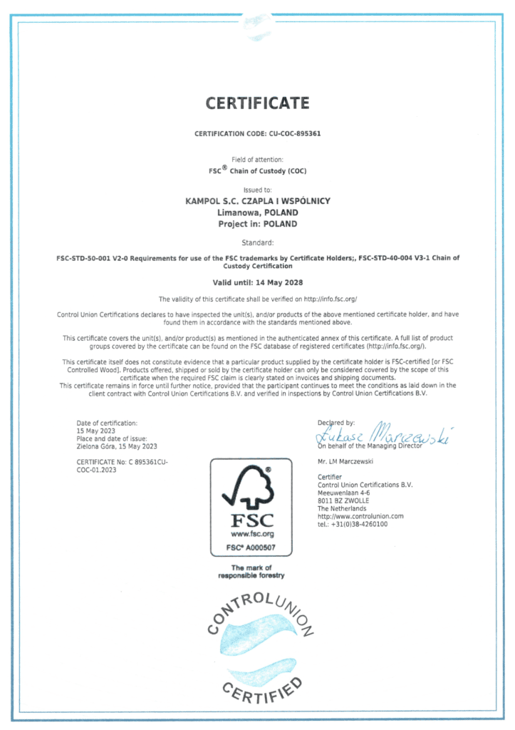Certyfikat FSC® dla firmy Kampol. Certyfikat jest międzynarodowym standardem dla odpowiedzialnego zarządzania lasami.