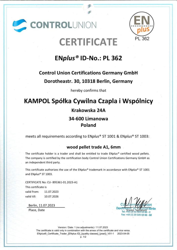 Certyfikat ENplus A1® dla firmy Kampol