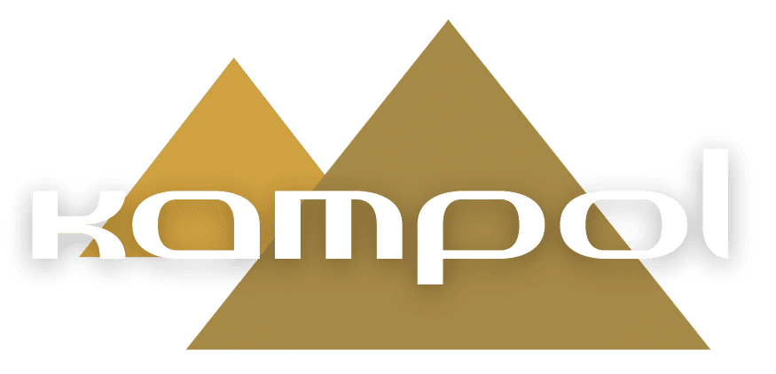 Złote logo Kampol z białym napisem.