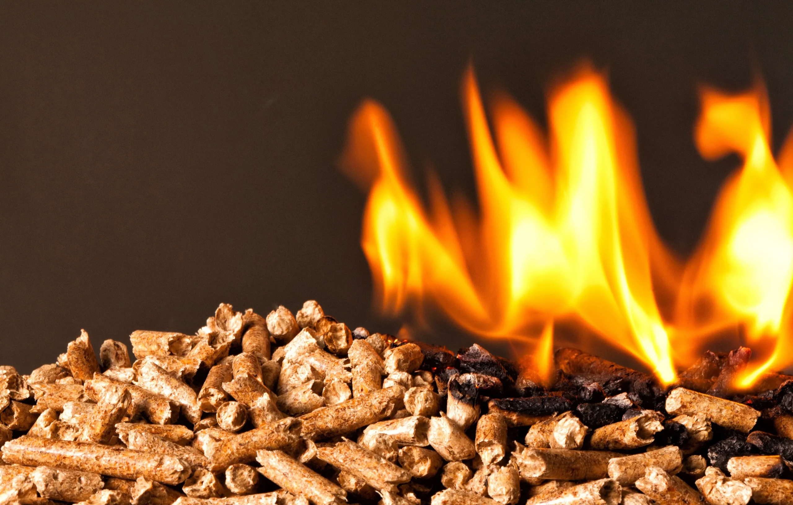 Żarzące się pellet drzewny w piecu na tle ciemnego tła, generują płomienie.