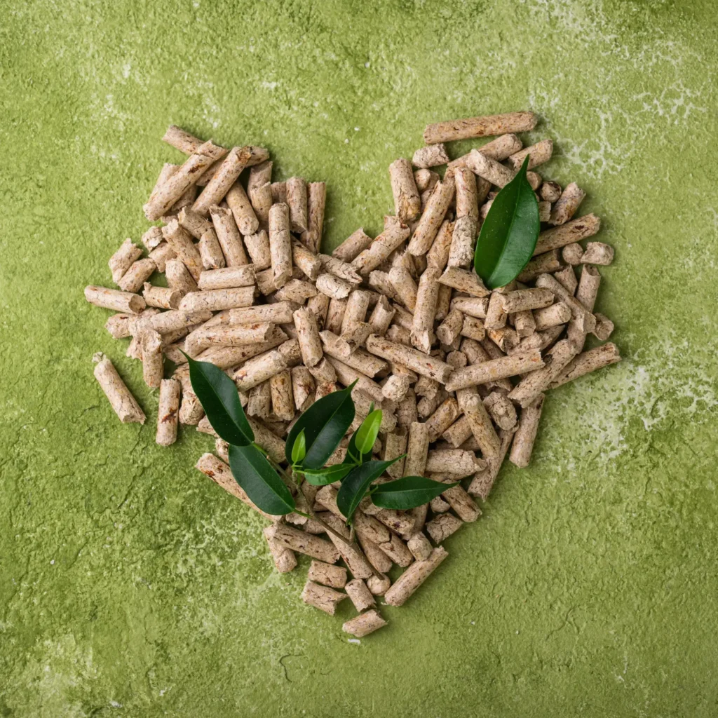 Pellet ułożony w kształt serca na zielonym tle, ozdobiony świeżymi liśćmi. Ekologiczne paliwo drzewne symbolizujące troskę o środowisko.