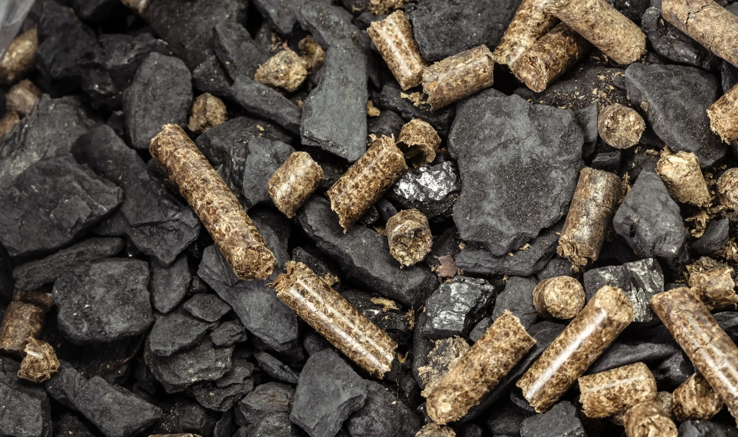 Pellety drzewne zmieszane z węglem kamiennym, przedstawiające wybór paliw.