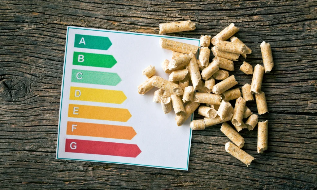 Pellet drzewny obok kolorowego wykresu efektywności energetycznej. Dowiedz się, jak certyfikaty wpływają na cenę pelletu za tonę.