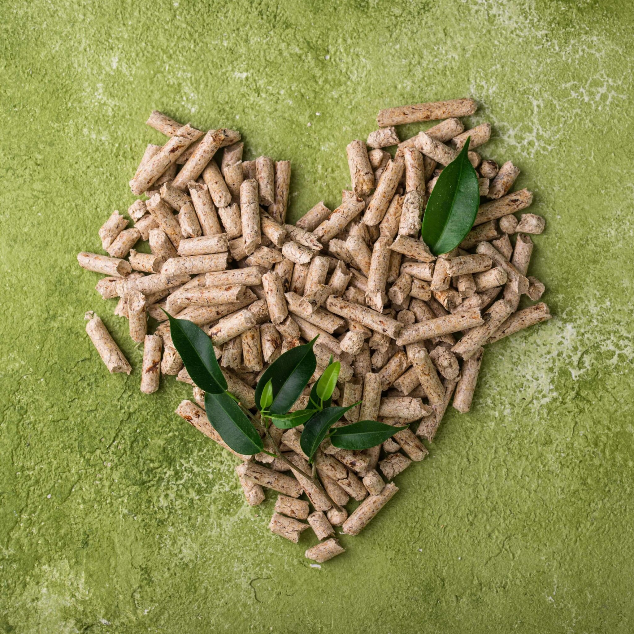Usypane serce z pelletu drzewnego z zielonymi listkami na oliwkowym tle.